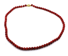 Load image into Gallery viewer, 18k yellow gold necklace 16" with 5mm red bamboo coral round beads spheres balls