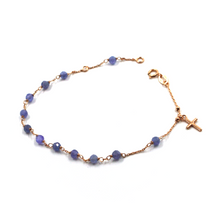 Cargar imagen en el visor de la galería, Pulsera Rosario de 7,1" en oro rosa de 18k con tanzanita facetada de 3 mm y Cruz