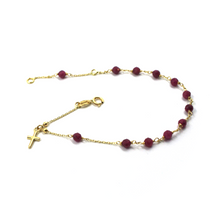 Load image into Gallery viewer, 18k yellow gold Rosary 7.1" bracelet with 3mm faceted red ruby and Cross