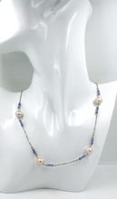 Load image into Gallery viewer, 18k white gold 18" necklace with pink rose 10mm fw pearls 3.5mm blue tanzanite