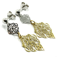 Load image into Gallery viewer, 18K YELLOW WHITE GOLD LONG EARRINGS, DOUBLE WORKED RHOMBUS, MADE IN ITALY