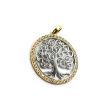 Load image into Gallery viewer, 18k yellow white gold tree of life round pendant diameter 25mm, zirconia frame