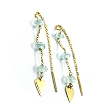 Charger l'image dans la galerie, Boucles d'oreilles longues en or jaune 18 carats, 4,5 cm (1,77"), aigue-marine 5 mm, cœur 6 mm