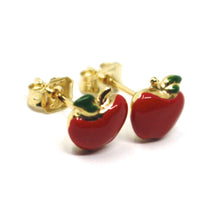 Load image into Gallery viewer, 18K YELLOW GOLD STUD EARRINGS, ENAMEL RED APPLE, 9mm, 0.35 INCHES