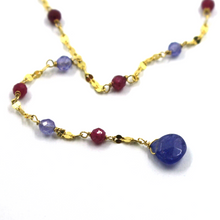 Load image into Gallery viewer, 18k yellow gold oval lariat necklace with 3mm faceted red ruby blue tanzanite