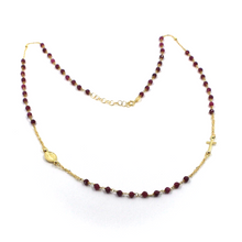 Load image into Gallery viewer, 18k yellow gold Rosary 22" necklace, 3mm faceted red ruby Cross Miraculous medal