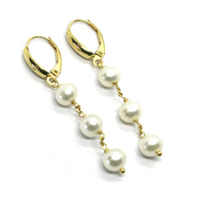 Load image into Gallery viewer, 18K YELLOW GOLD LONG LEVERBACK EARRINGS, WITH FW WHITE PEARLS 6/6.5mm