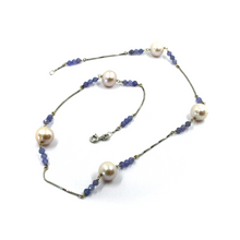 Load image into Gallery viewer, 18k white gold 18" necklace with pink rose 10mm fw pearls 3.5mm blue tanzanite