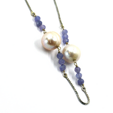Load image into Gallery viewer, 18k white gold 18" necklace with pink rose 10mm fw pearls 3.5mm blue tanzanite