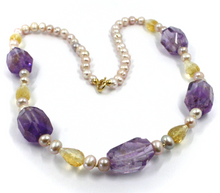 Load image into Gallery viewer, 18k yellow gold 21" necklace purple fw pearls, citrine drops, fluorite nuggets