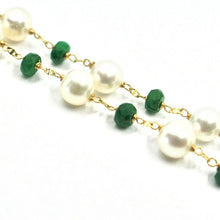 Load image into Gallery viewer, 18K YELLOW GOLD 20" NECKLACE, ALTERNATE 4mm GREEN EMERALD & WHITE FW 6.5mm PEALS
