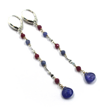 Load image into Gallery viewer, 18k white gold 7.5cm 2.9" long earrings natural blue 7mm tanzanite drops ruby