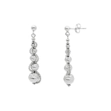 Load image into Gallery viewer, 18k white gold long 43mm earrings diamond cut 3-8mm spheres double frame