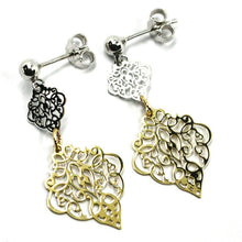 Load image into Gallery viewer, 18K YELLOW WHITE GOLD LONG EARRINGS, DOUBLE WORKED RHOMBUS, MADE IN ITALY