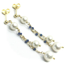 Charger l'image dans la galerie, 18k yellow gold pendant earrings, double wire fw pearls and blue cubic zirconia.