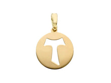 Cargar imagen en el visor de la galería, 18k yellow gold 15mm round medal cross Franciscan tau tao Saint Francis pendant.