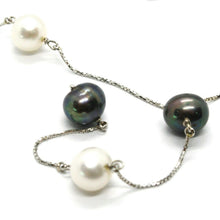 Load image into Gallery viewer, 18k white gold lariat necklace venetian chain black & white pearls 8.5 mm.