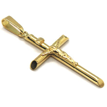 Cargar imagen en el visor de la galería, 18k yellow gold big tube round cross with Jesus made in Italy, 45 mm, 1.8 inches.