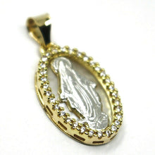 Load image into Gallery viewer, 18k yellow white gold miraculous medal, mother of pearl, zirconia, pendant.
