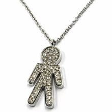 Load image into Gallery viewer, 18k white gold necklace, baby, child, boy, son pendant with diamonds rolo chain.