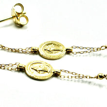 Charger l'image dans la galerie, 18k yellow gold pendant earrings, fw disc pearls and miraculous medal, 2.56".