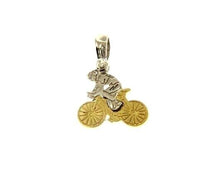 Load image into Gallery viewer, 18K YELLOW WHITE GOLD SMALL 10mm 0.4" CYCLIST BICYCLE BIKE PENDANT, ITALY MADE.