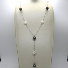 Load image into Gallery viewer, 18k white gold lariat necklace venetian chain black & white pearls 8.5 mm.