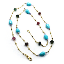 Load image into Gallery viewer, 18K YELLOW GOLD 20.8" NECKLACE TURQUOISE PASTE DROPS, RED TOURMALINE AMETHYST.