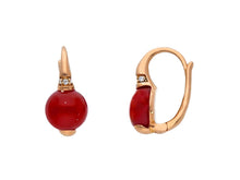 Load image into Gallery viewer, 18k rose gold 17mm leverback pendant earrings cabochon red carnelian and diamond.
