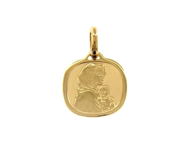 18K YELLOW GOLD PENDANT SQUARE MEDAL VIRGIN MARY AND JESUS 16mm ENGRAVABLE.
