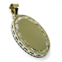 Load image into Gallery viewer, 18k yellow white gold miraculous medal virgin Mary mother of pearl zirconia 21mm.