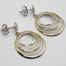 Load image into Gallery viewer, 18K YELLOW WHITE GOLD PENDANT EARRINGS ALTERNATE WORKED CIRCLES, MADE IN ITALY.