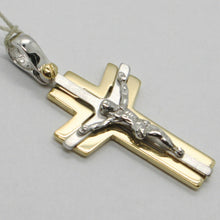 Load image into Gallery viewer, SOLID 18K WHITE YELLOW GOLD PENDANT ALTERNATE CROSS, JESUS, SATIN, MADE IN ITALY.