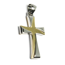 Load image into Gallery viewer, 18K YELLOW WHITE GOLD CROSS, SQUARED 30mm, 1.18 inches, SMOOTH, TUBE ITALY MADE.