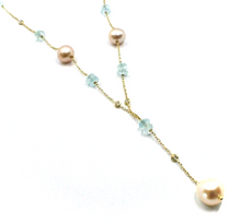 Charger l'image dans la galerie, 18k yellow gold lariat necklace faceted 6mm oval aquamarine pink pearls zirconia.