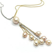 Load image into Gallery viewer, 18k yellow white gold double chain necklace, waterfall multi wires pearl pendant.