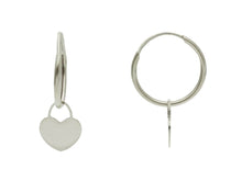 Load image into Gallery viewer, 18k white gold earrings, round 14mm circle hoops, small pendant 8mm hearts.