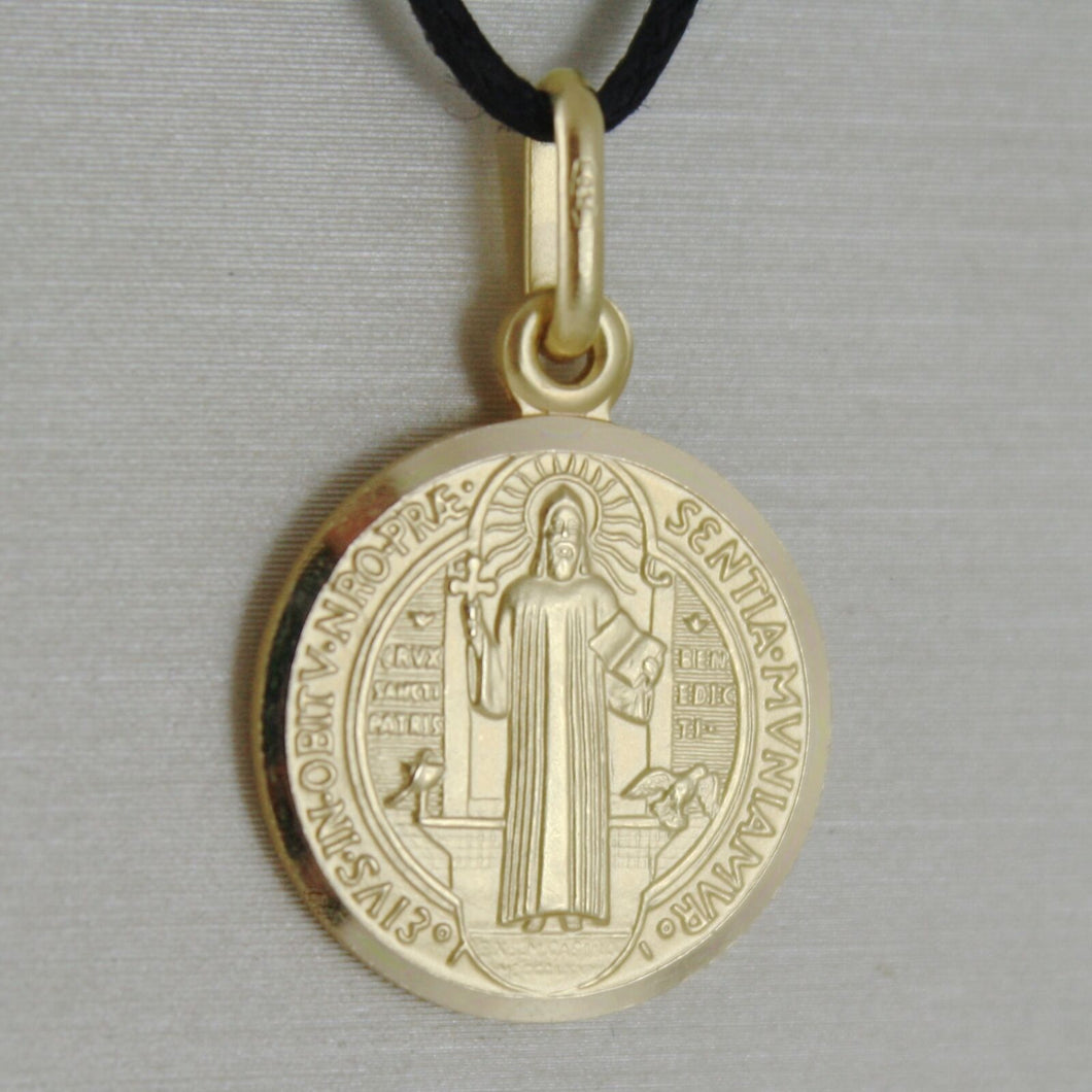 solid 18k yellow gold St Saint Benedict 17 mm medal pendant with Cross.