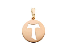 Load image into Gallery viewer, 18k rose gold 15mm round medal cross franciscan tau tao Saint Francis pendant.
