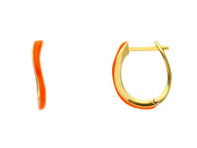 Load image into Gallery viewer, 18K YELLOW GOLD ORANGE ENAMEL HOOPS OVAL ONDULATE 15mm x 2mm EARRINGS.