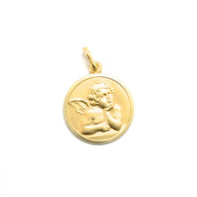 Load image into Gallery viewer, solid 18k yellow gold Guardian Angel small 11mm medal, pendant, very detailed.