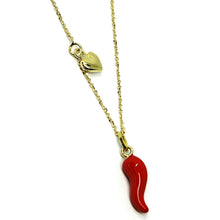 Load image into Gallery viewer, 18K YELLOW GOLD NECKLACE WITH RED ENAMEL MINI HORN CORNICELLO & HEART PENDANT, 16.5" CHAIN.