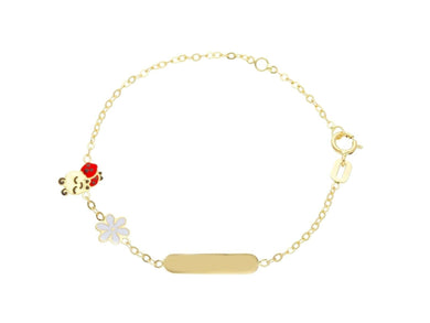 18k yellow gold kid child bracelet enamel daisy ladybug, rolo chain, plate.