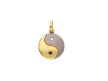 Cargar imagen en el visor de la galería, 18K YELLOW BLACK GOLD ROUND 11mm YIN YANG MEDAL PENDANT, BLACK WHITE DIAMONDS.