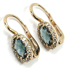 Cargar imagen en el visor de la galería, 18k rose gold leverback flower earrings, oval blue crystal, cubic zirconia frame.