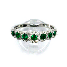 Load image into Gallery viewer, 18k white gold band ring with round green emeralds 0.45ct & diamonds 0.28ct.