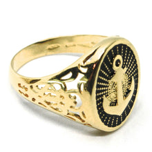 Load image into Gallery viewer, 18k yellow gold band man ring, nautical anchor, finely worked, black enamel.