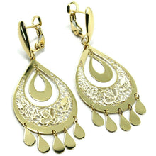 Charger l'image dans la galerie, 18K YELLOW GOLD PENDANT EARRINGS, 5.5 cm DROP WATERFALL PENDANTS, WORKED FLOWERS.