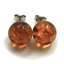Load image into Gallery viewer, solid 18k white gold lobe earrings orange amber 12.5mm spheres butterfly closure.