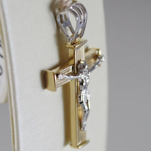 Load image into Gallery viewer, 18K YELLOW WHITE GOLD CROSS WITH JESUS, STRIPED BRIGHT 1.34 INCHES MADE IN ITALY.